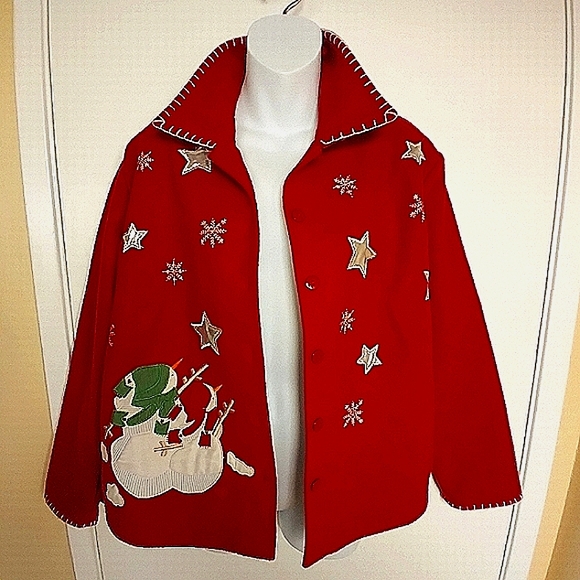 Vtg Take Two Clothing Co. Christmas Wool Embroided Patch Blazer M - Picture 1 of 15